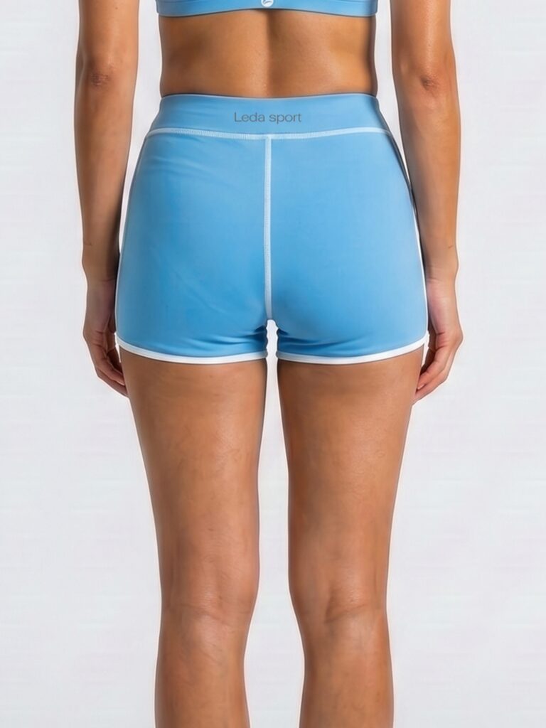Back view of the Cala high-waist boyshort in cornflower blue on a white background