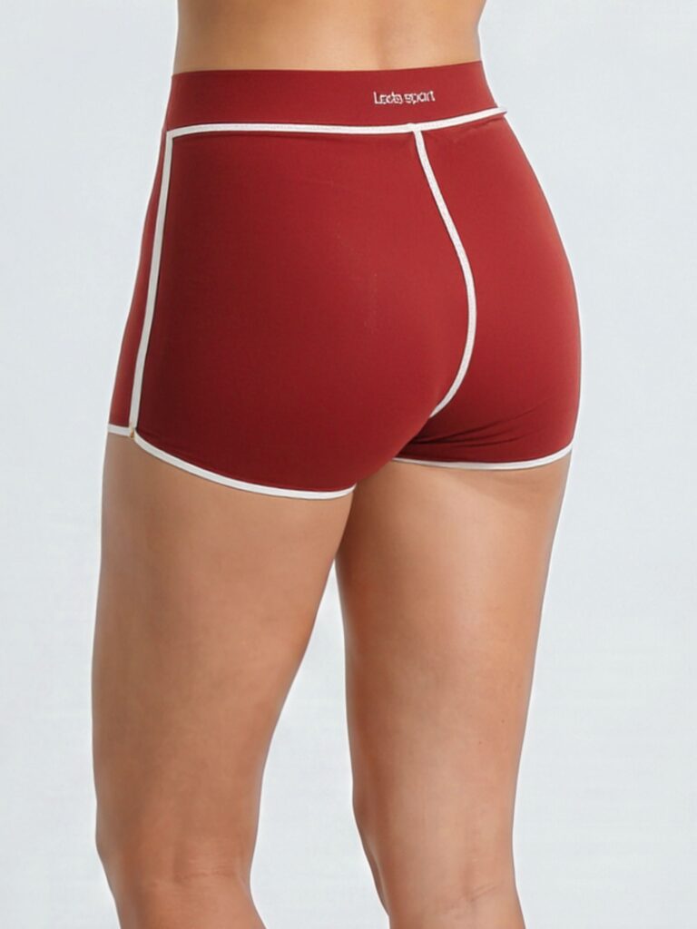 Back close-up of the syrah red Cala high-waist boyshort with light contrast binding and the Leda Sport logo on the waistband