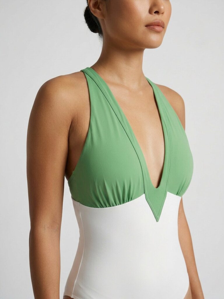 Close-up of the deep V-neck and green colour-block on the Bona one-piece