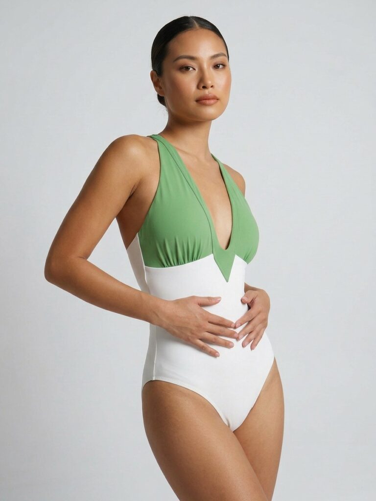 Studio side view of the Bona one-piece showing the raised underarm