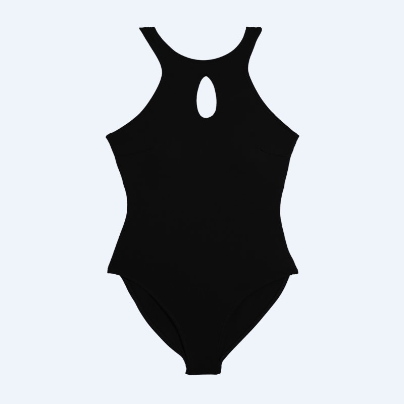 Flat lay of the Gene water-drop halter one-piece in dark black