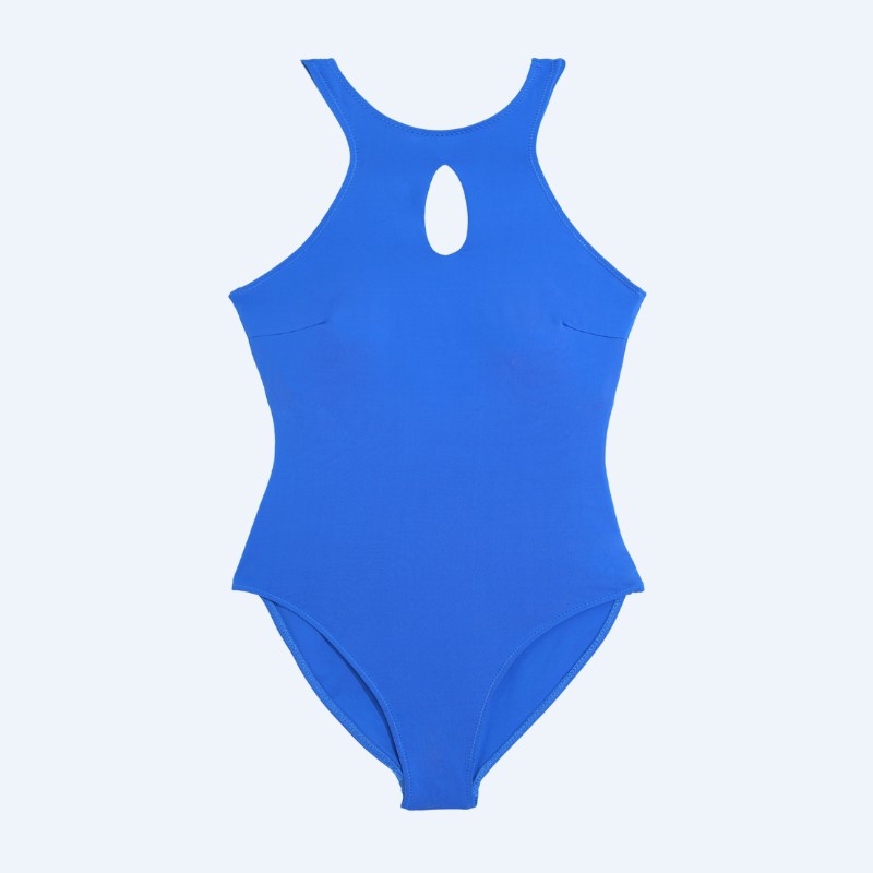Flat lay of the Gene water-drop halter one-piece in royal blue