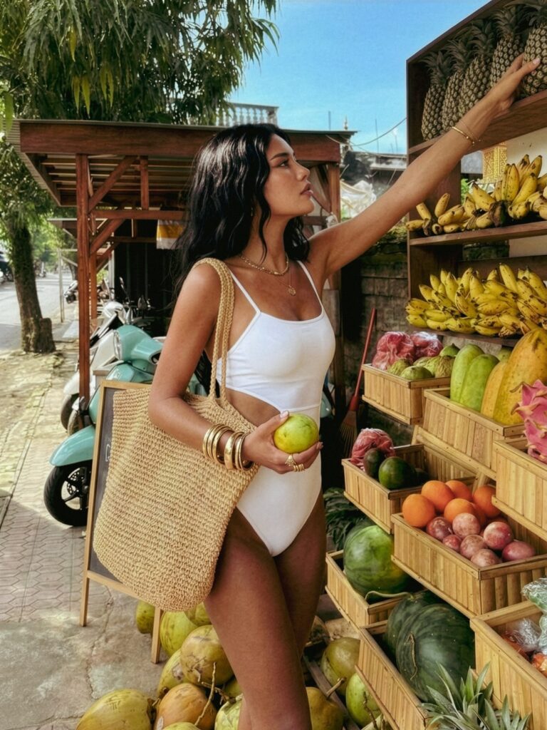 Woman shopping at a fruit stall in the cream white Viva one-piece