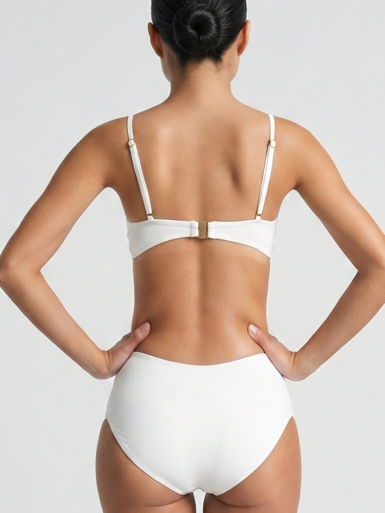 Close-up of the metal back clasp on the cream white Viva one-piece