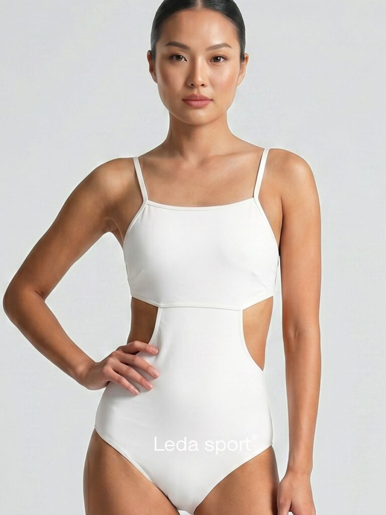 Close-up of the square neckline and adjustable straps on the cream white Viva one-piece