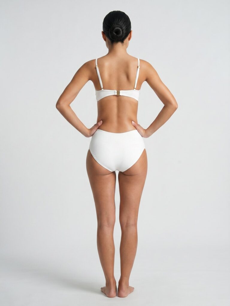 Studio back view of the cream white Viva one-piece showing the open back and metal clasp