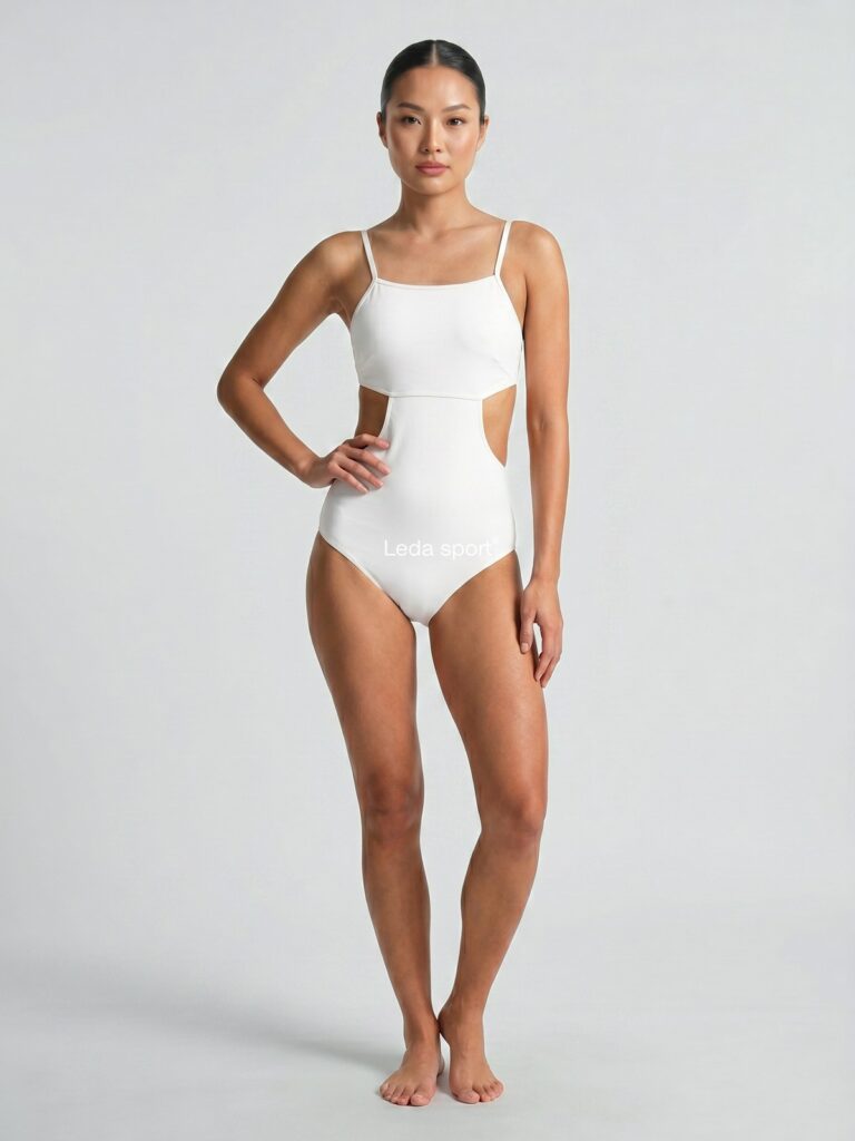 Studio front view of the cream white Viva cut-out one-piece