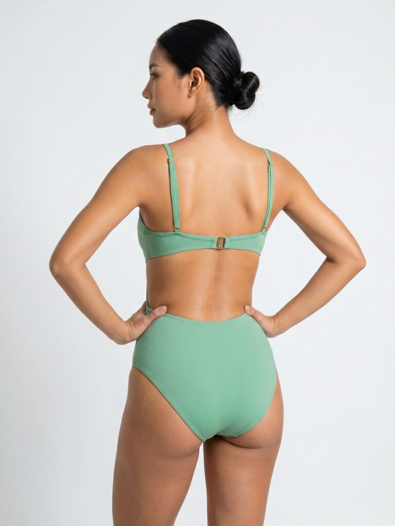 Studio back view of the matcha green Viva one-piece showing the open back and metal clasp