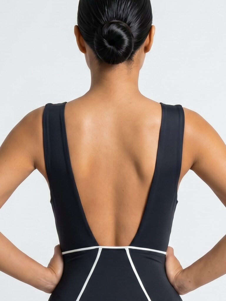 Close-up of the trapezoid open back on the black Alma one-piece