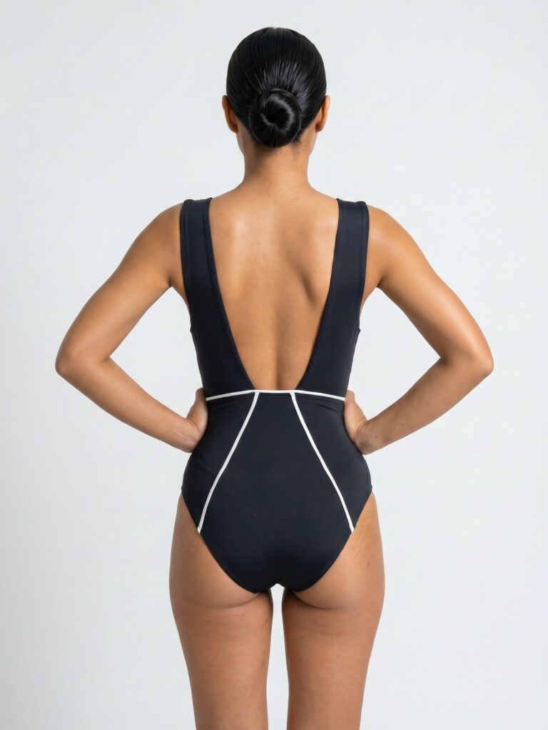 Studio back view of the trapezoid open back on the black Alma one-piece with white piping