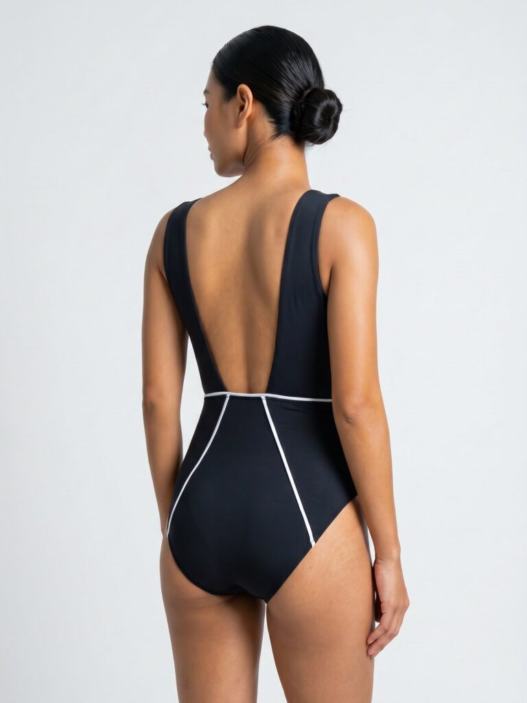 Studio side-back view of the white piping on the black Alma one-piece with white piping