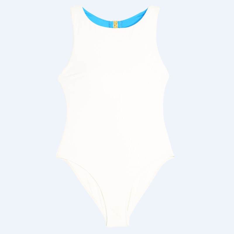 Flat lay of the Pona high-neck one-piece swimsuit in cream white