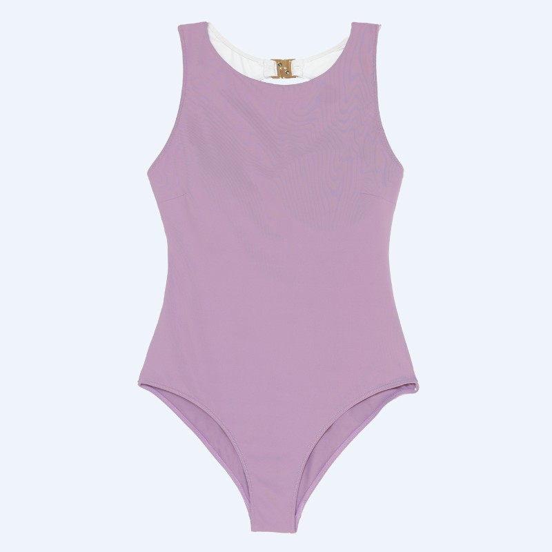 Flat lay of the Pona high-neck one-piece swimsuit in wildrose pink