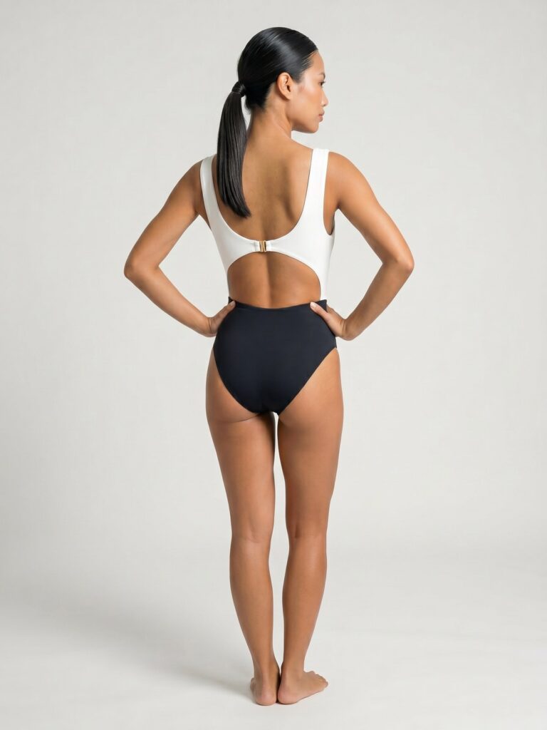 Studio back view of the dark black Verda cut-out one-piece