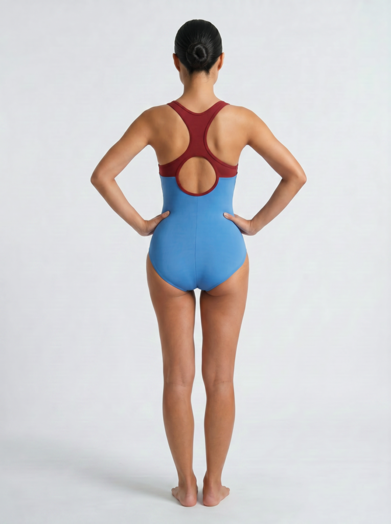 Back view of the cornflower blue Mira one-piece with a low leg covering about 90% of the seat