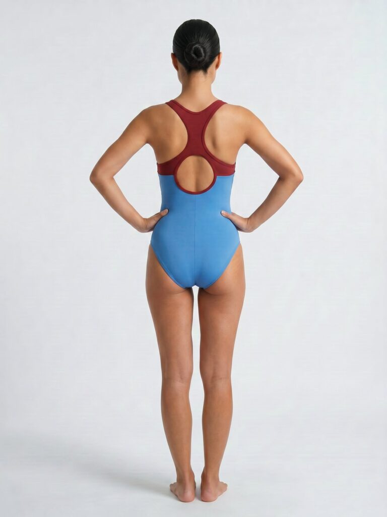 Studio back view of the cornflower blue and syrah red Mira one-piece showing the round open back
