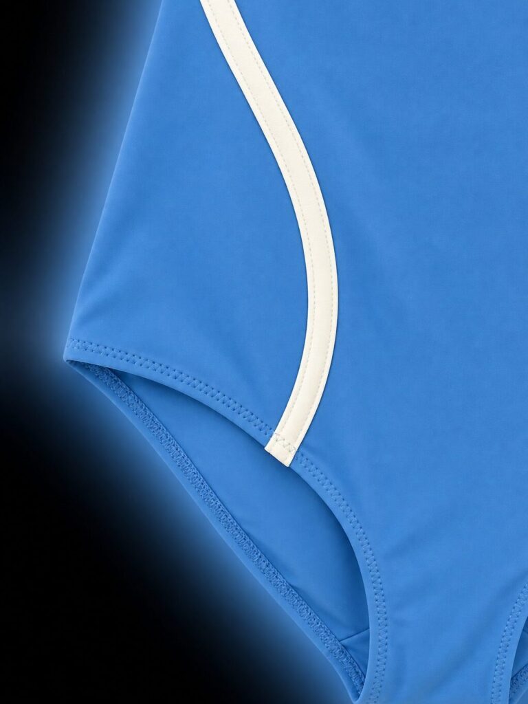 Close-up of the white contrast curve and bound leg opening of the azure blue one-piece