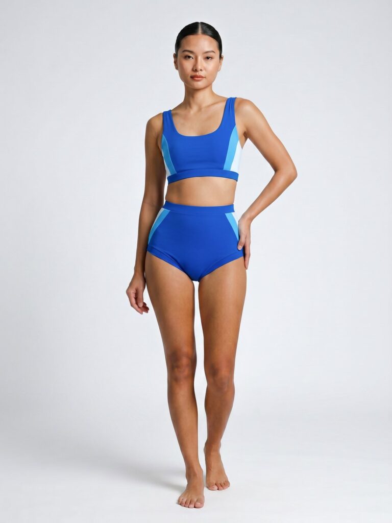 Studio front view of the Zeta color-block two-piece in royal blue