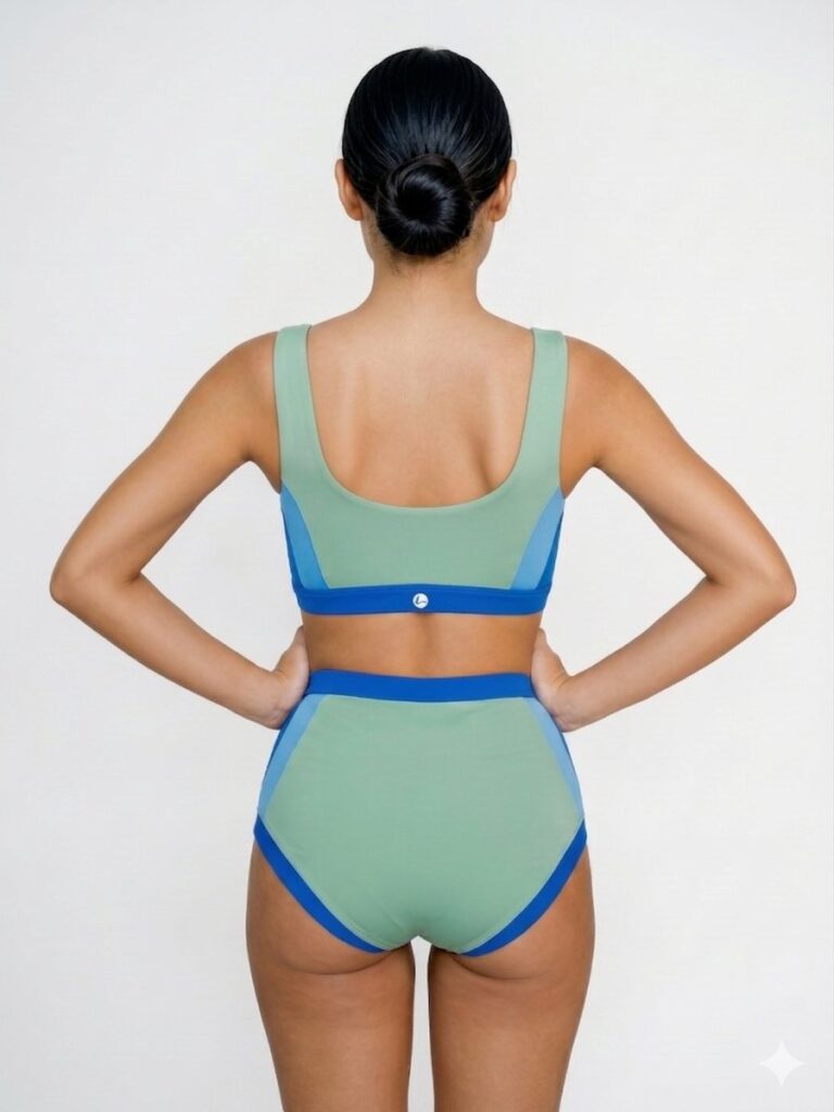 Studio back view of the Zeta color-block two-piece in matcha green