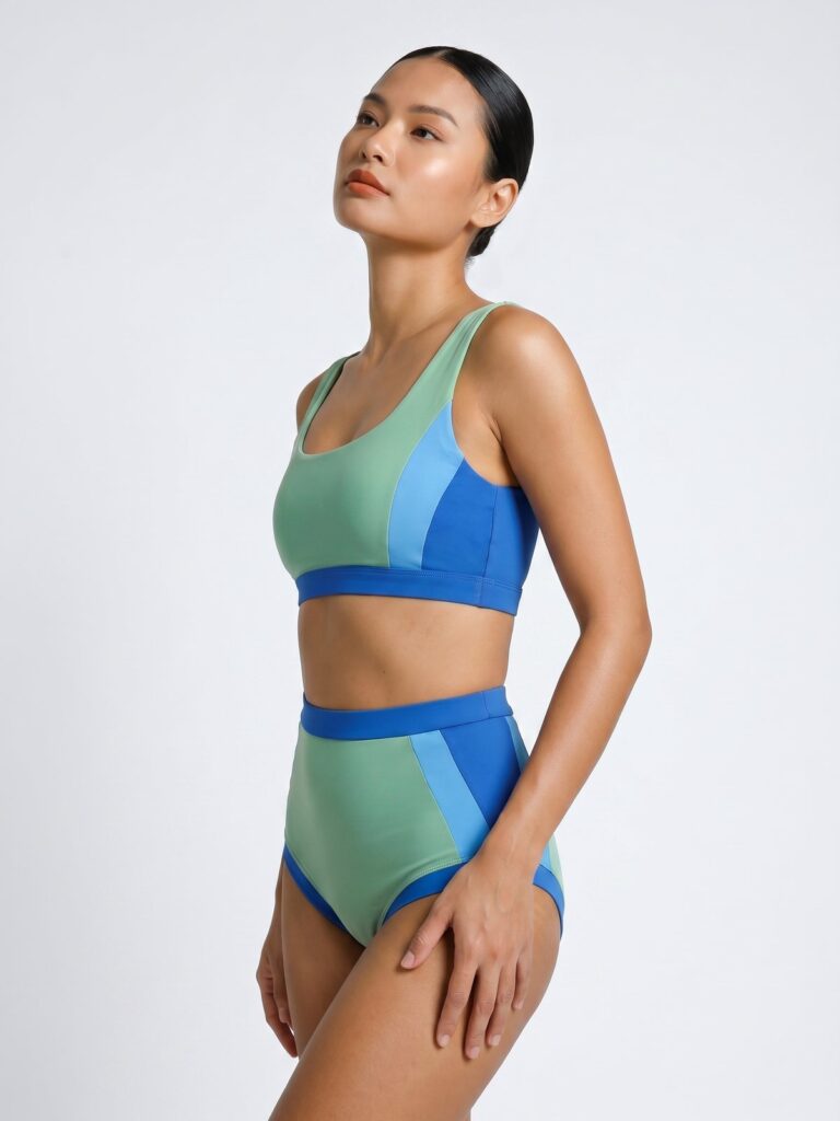 Studio side view of the Zeta color-block two-piece in matcha green