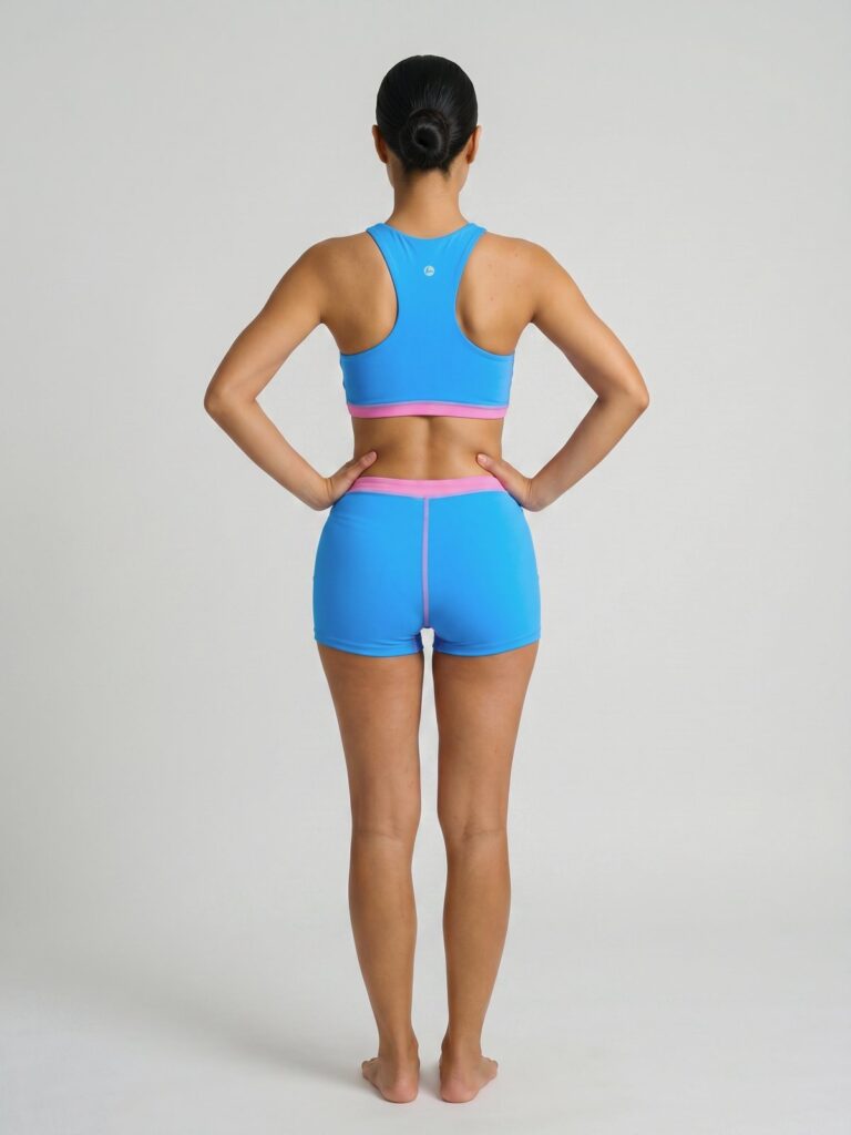Studio back view of the azure blue Tenacy racerback top and full-coverage boy-leg shorts