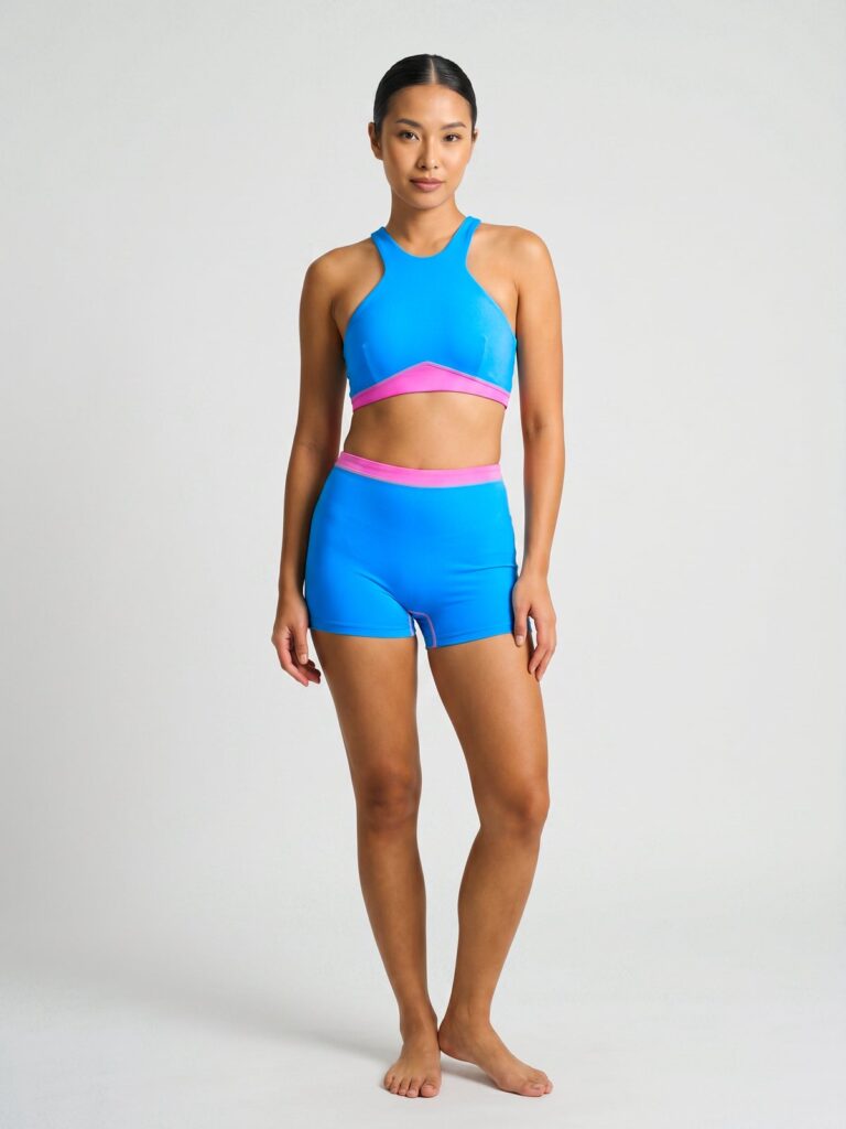 Studio front view of the azure blue Tenacy two-piece with pink colour-block lines