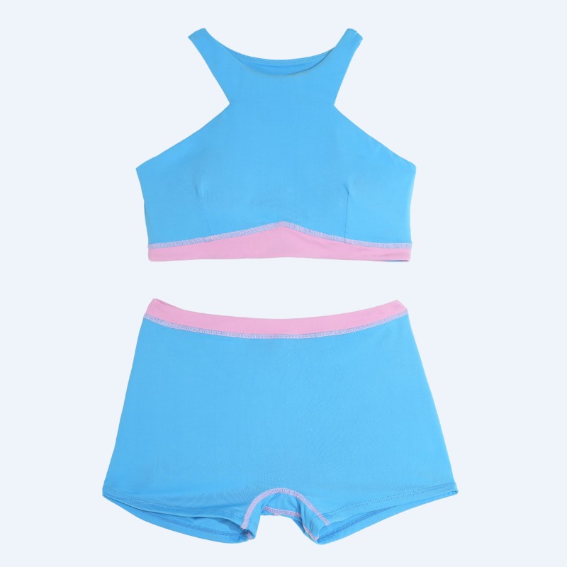 Flat lay of the Tenacy color-block two-piece swimsuit in azure blue