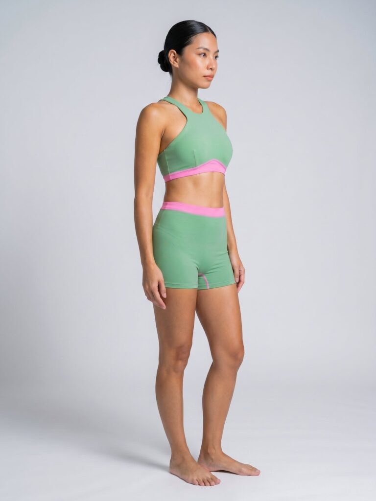 Studio side view of the Tenacy high-neck top and boy-leg shorts