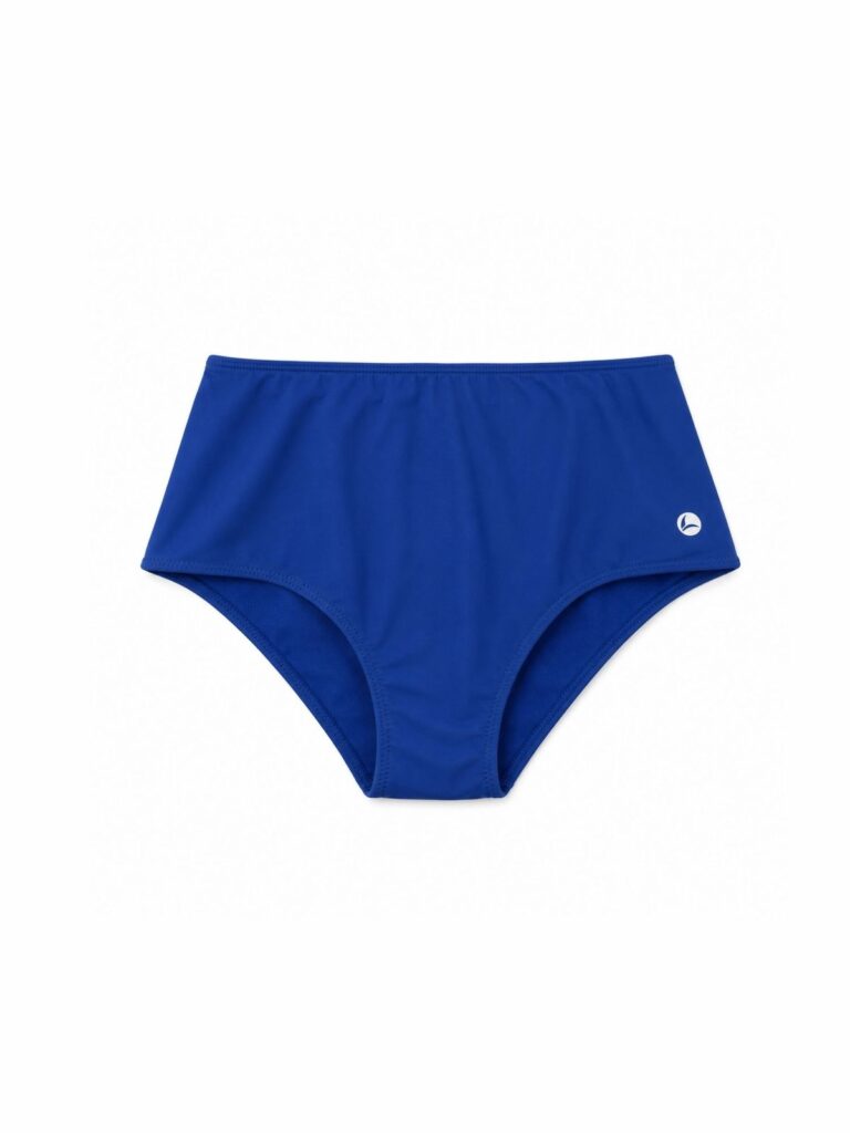 Flat lay of the royal blue high-waist swim brief