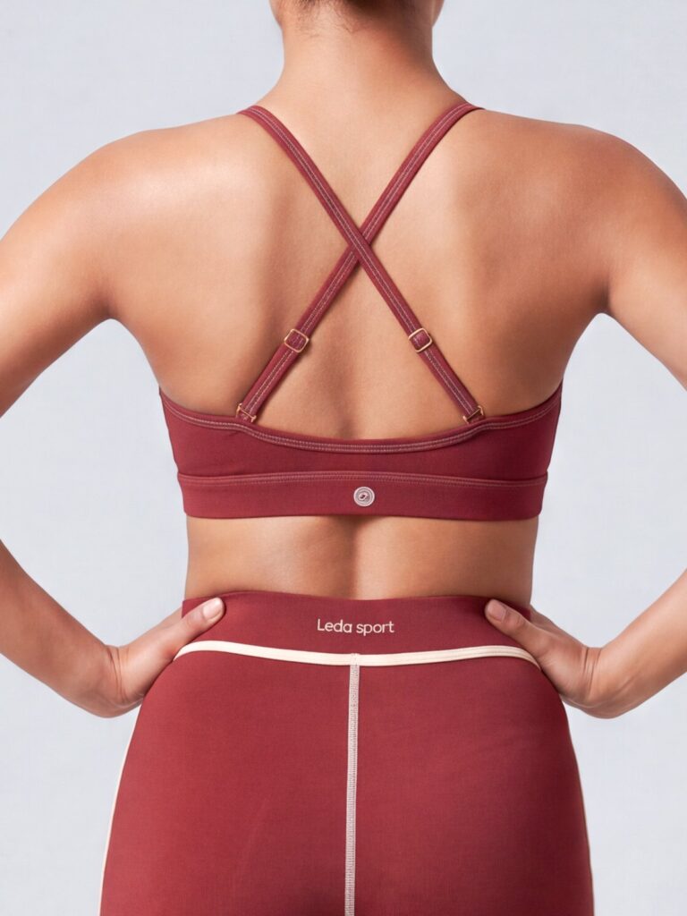 Close-up of the adjustable cross-back straps on the Cala swim top
