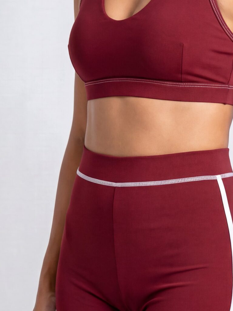 Close-up of the wide underbust band and the high waistband of the Cala set
