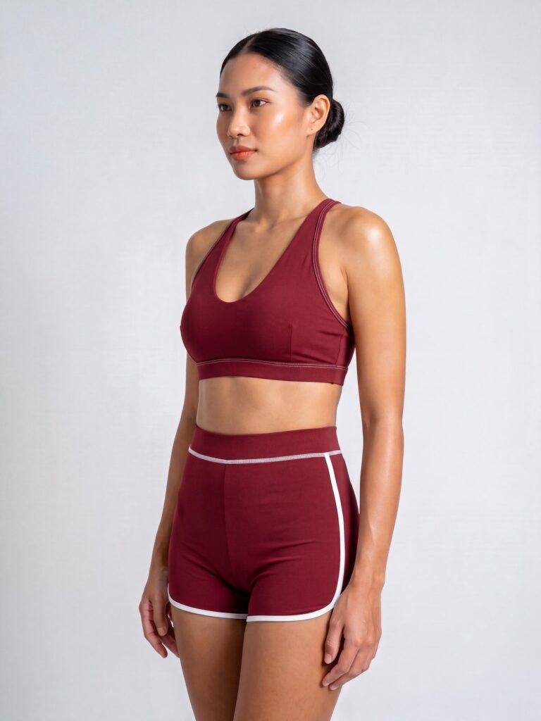 Studio three-quarter view, Leda Sport Cala two-piece in syrah red: U-neck cross-back swim top and high-waist boyshort