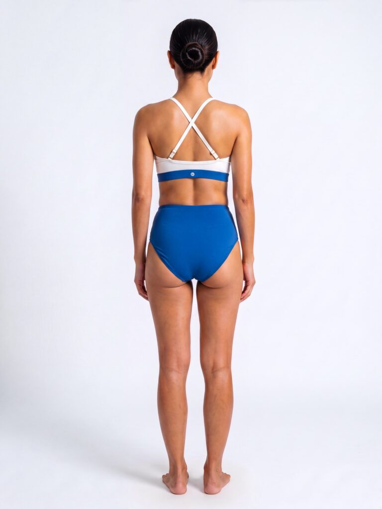 Studio back view of the cream white Cala swim top showing the adjustable cross-back straps