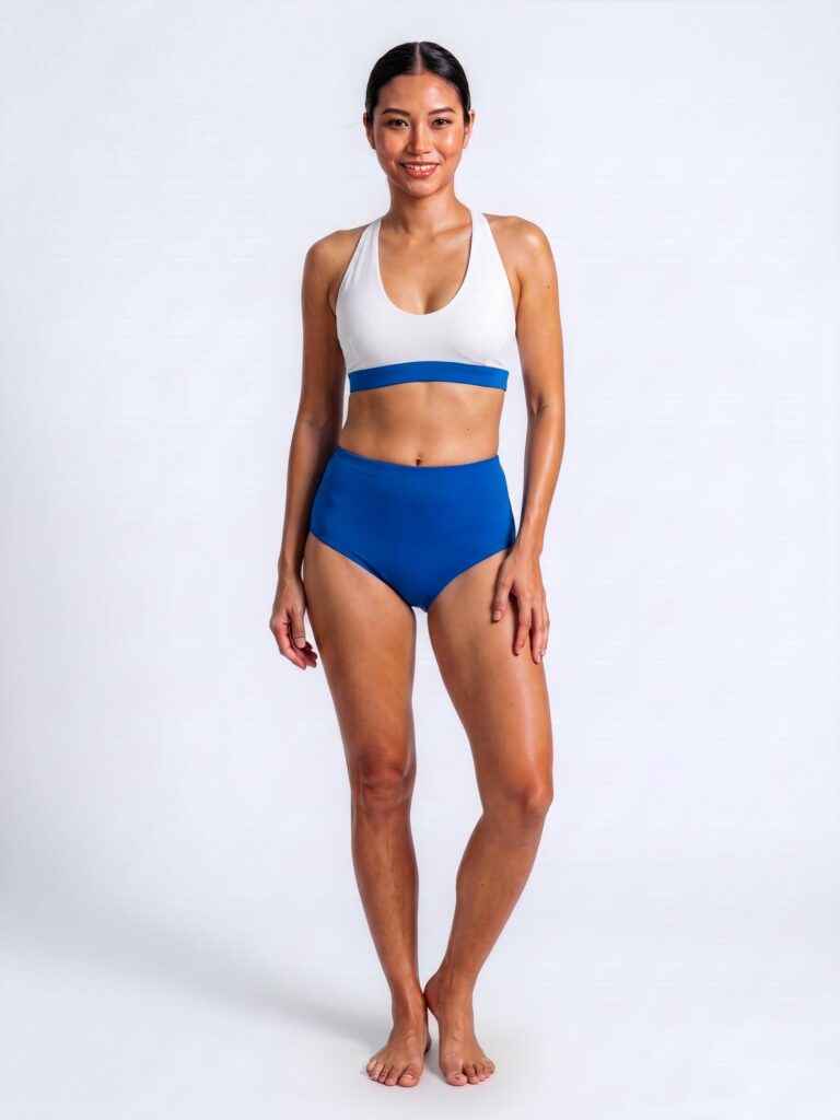 Studio front view of the cream white Cala U-neck swim top with a royal blue underbust band and royal blue high-waist brief