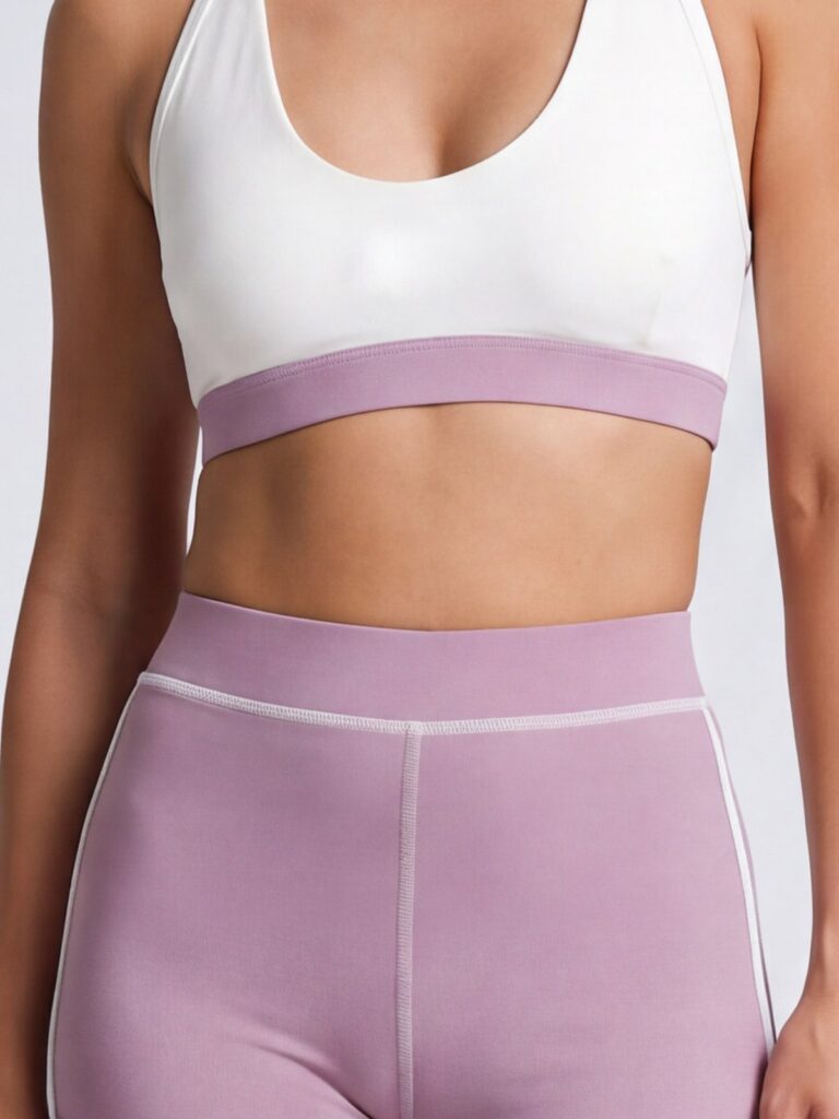 Close-up of the wide wildrose underbust band on the cream white Cala swim top