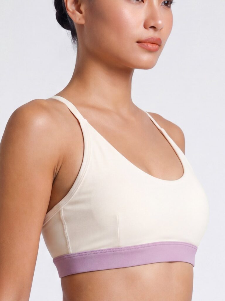 Close-up of the U-neck and covered bust on the cream white Cala swim top