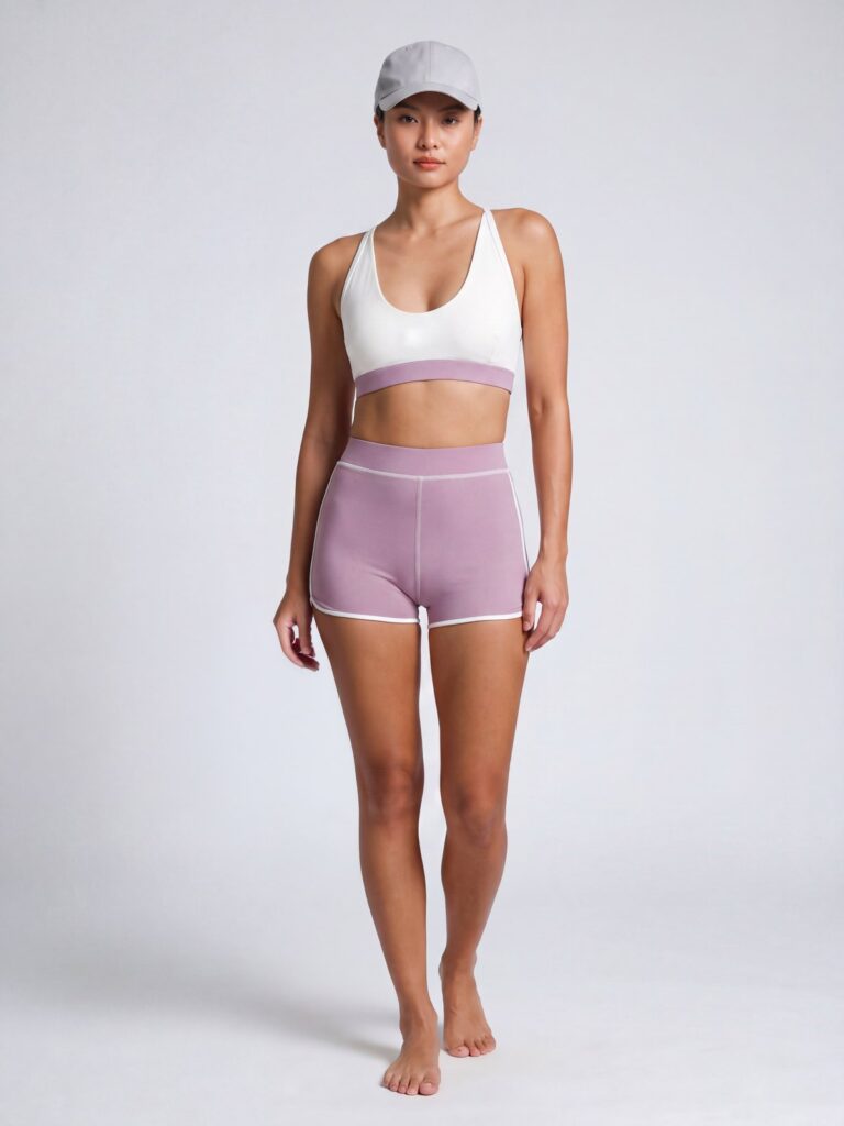 Studio front view of the cream white Cala U-neck swim top with a wildrose band and wildrose high-waist boyshort
