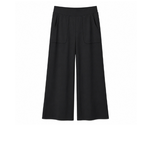 Flat lay of the black wide-leg cropped pull-on pants with front pockets