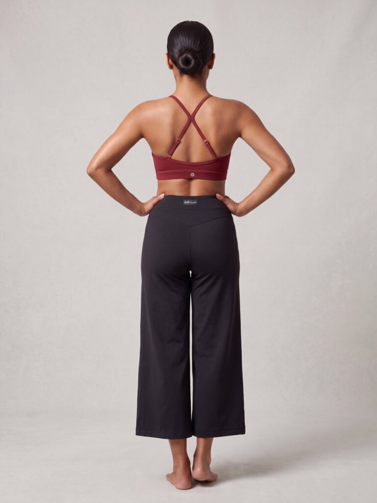Studio back view of the black wide-leg cropped pants showing the back pocket