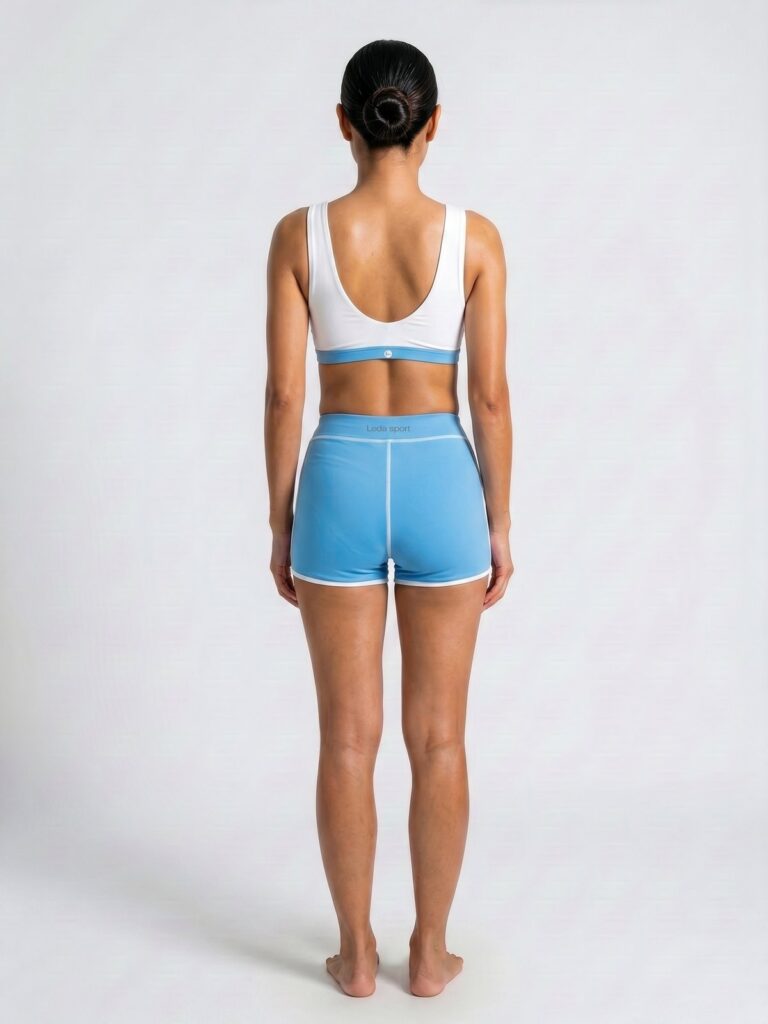 Studio back view of the Siena top and cornflower blue boyshort showing the scoop back and full seat coverage