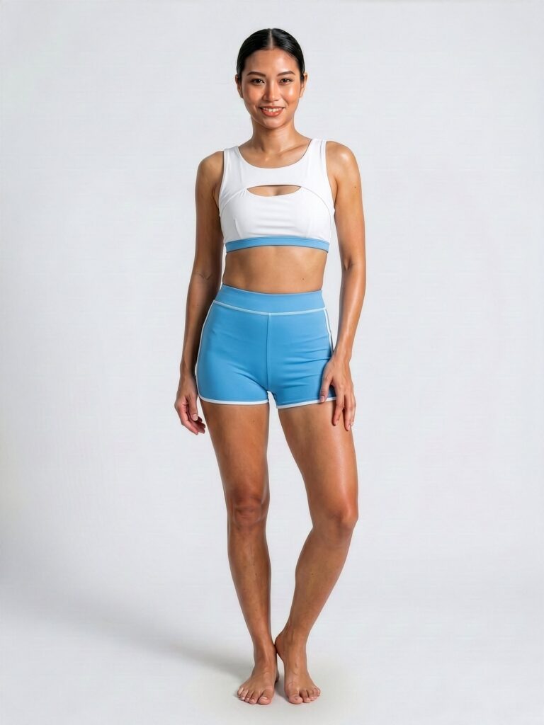 Studio front view of the cream white Siena swim top with the cornflower blue Cala high-waist boyshort