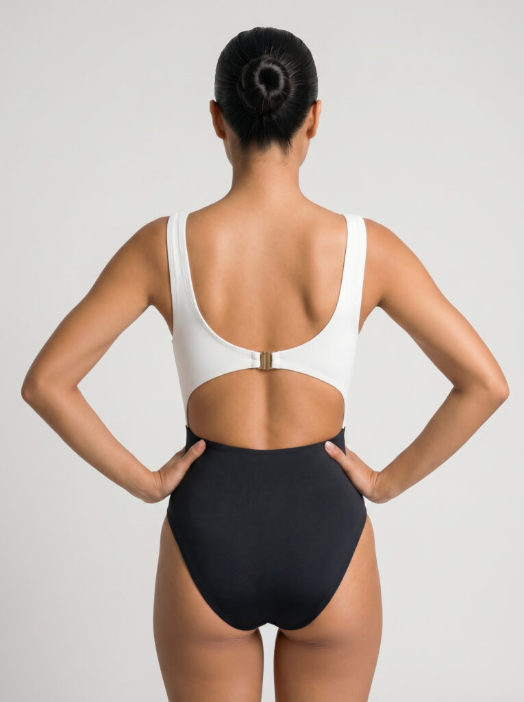 Back view of the Verda one-piece showing the white contrast open back with metal clasp above the black lower half