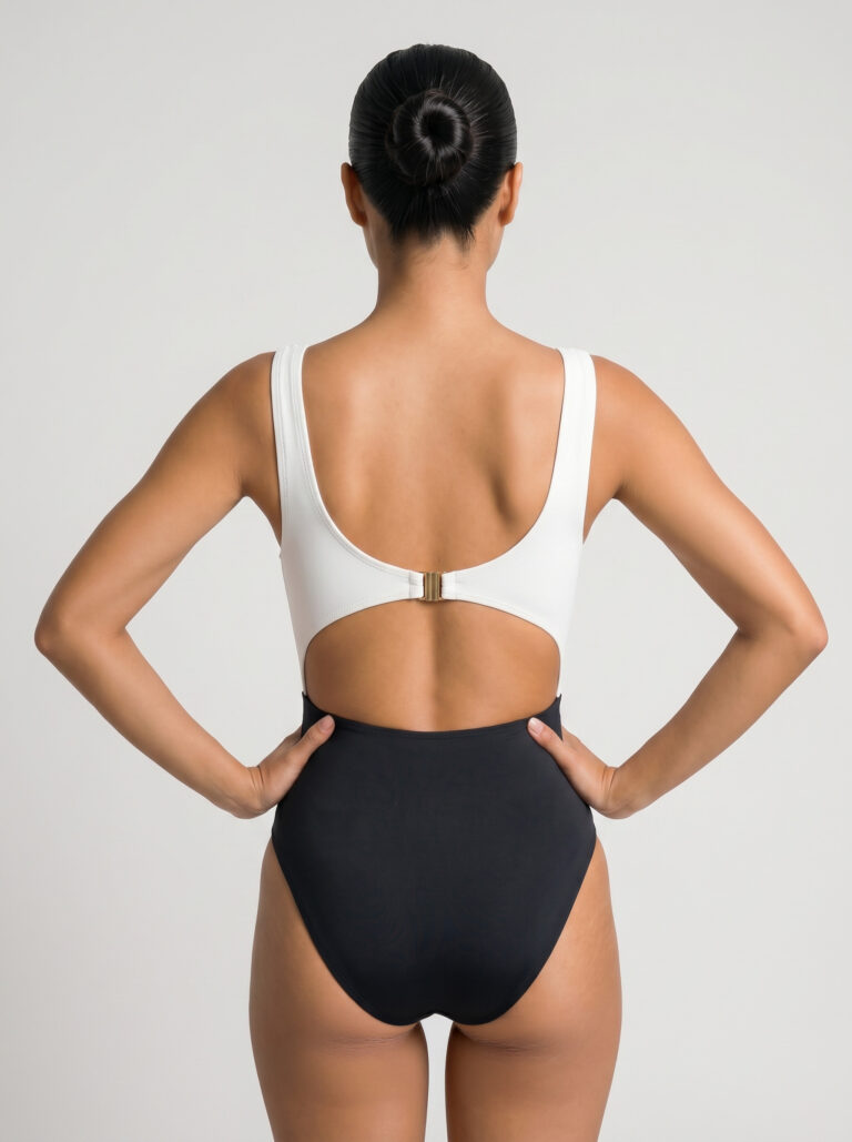 Back view of the Verda one-piece showing the white contrast open back with metal clasp above the black lower half