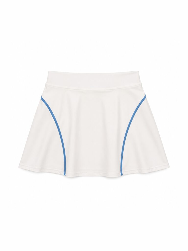 Flat lay of the Siena high-waist swim skort in cream white with blue seam lines