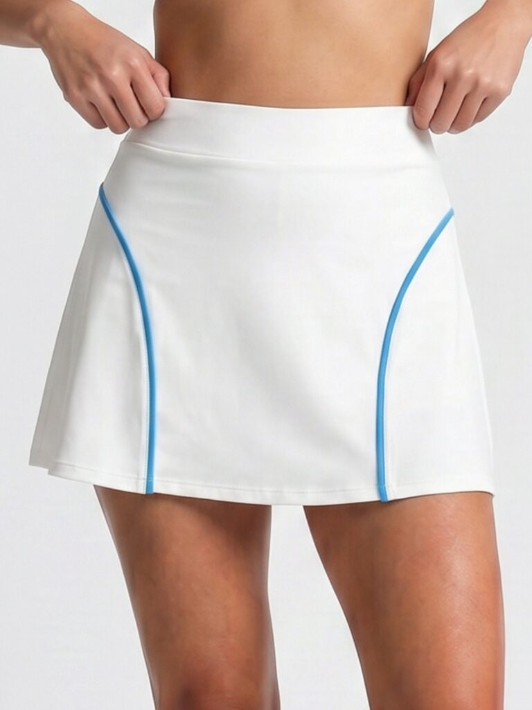Model wearing the Siena high-waist swim skort in cream white on a white background