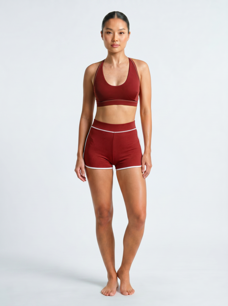 Studio front view of a woman wearing the syrah red Cala U-neck swim top and high-waist boyshort